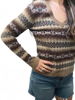 Ralph Lauren V-neck brown and beige geometric patterned sweater